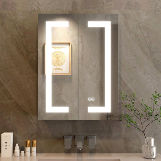 LED Bathroom Wall Medicine Cabinet Mirror Lighted Mirror With Storage Recessed Or Surface 2 Doors Dimmable 3 Colors Temperature Anti-Fog Adjustable Shelf 2 Sockets 2 USB Interfaces